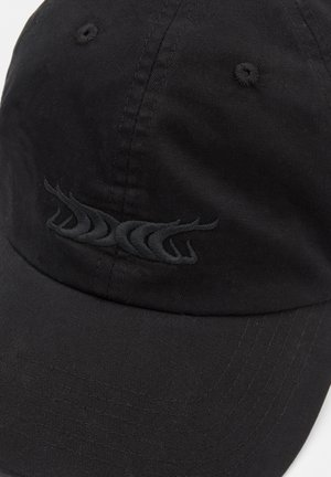 Black cotton cap featuring a curved brim, stitched panels, and a textured black embroidered logo on the front.