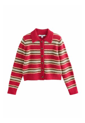 Red button-up cardigan with white, brown, and black horizontal stripes, long sleeves, and a wide collar.