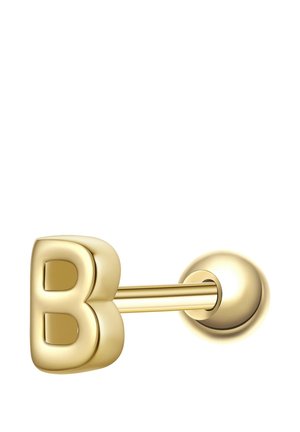 Guldfarvet ørestik formet som bogstavet B med en rund bagplade på en hvid baggrund.
