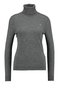 Gray turtleneck sweater made of soft knit fabric, featuring long sleeves and ribbed hem. A small logo detail is visible on the chest.