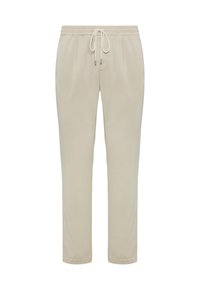 Ljust beige, avslappnade byxor med elastisk midja och dragsko, med två sidofickor och rak skärning.