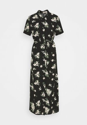 Czarna sukienka w kwiaty z krótkimi rękawami, zapinana na guziki z przodu, taliowana z regulowanym paskiem, zdobiona białymi i zielonymi wzorami kwiatowymi.