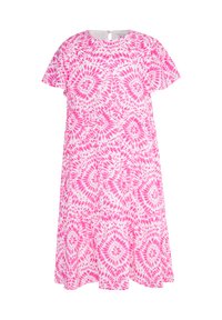 Rožinė marškinėlių su dažymu su apvalia iškirpte, trumpomis rankovėmis ir pakopine konstrukcija. Pagaminta iš lengvos medžiagos su švelniu tekstūru.