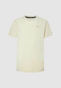 Valkoinen lyhythihainen puuvillapaita, jossa on pyöreä kaulus ja pieni brodeerattu logo rinnassa. Sileä rakenne, rento istuvuus.