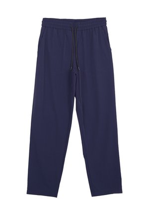 Pantaloni blu navy con vita elastica, coulisse nera e tasche laterali, vestibilità a gamba dritta, adatti per un uso casual.