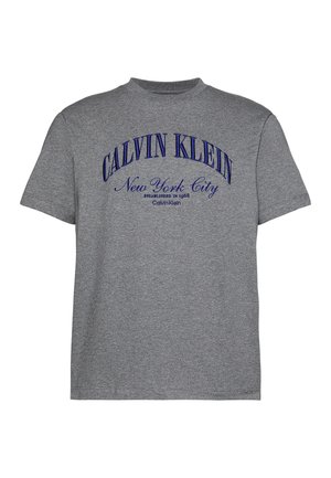 Hall hall lühikeste varrukatega T-särk, millel on esiküljel sinise värviga trükitud tekst "CALVIN KLEIN New York City Established in 1968".
