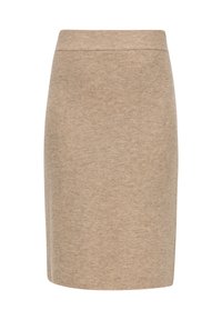 Jupe crayon en tricot côtelé beige avec taille haute et ourlet droit, présentée à plat sur un fond blanc.