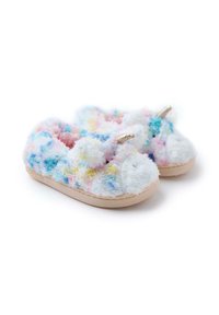 Pantofole pelose con un motivo pastello multicolore, materiale bianco soffice e suola beige. I dettagli dorati sulla parte superiore aggiungono eleganza.