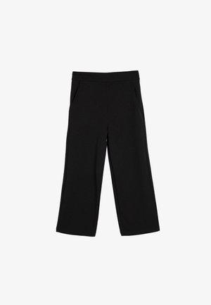 Schwarze, weit geschnittene Hosen aus einem weichen Stoff, mit einem glatten Bund und zwei frontalen Taschen. Das Design ist einfach und vielseitig.