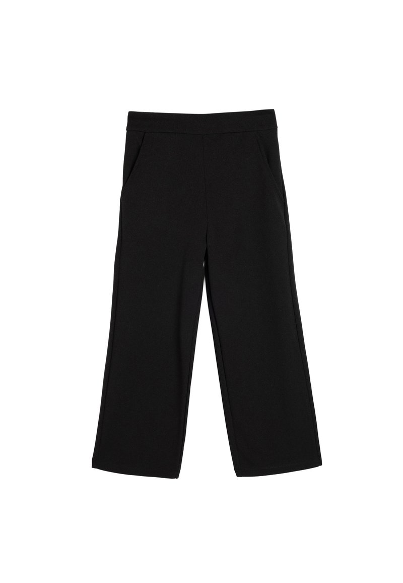 Pantalons larges noirs en tissu doux, dotés d'une taille lisse et de deux poches avant. Le design est simple et polyvalent.