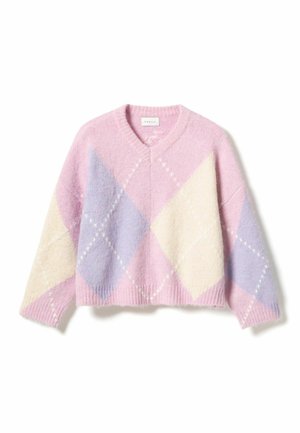 V-hals cropped sweater in zacht pink, wit en lavendel met een ruitpatroon. Gemaakt van een pluizig materiaal, met een relaxte pasvorm en ribgebreide manchetten.