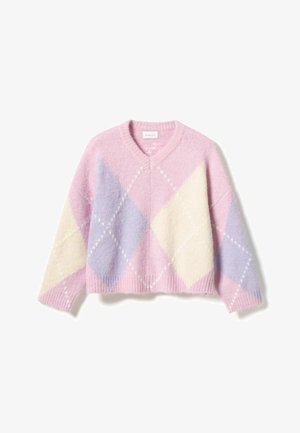 V-hals cropped sweater in zacht pink, wit en lavendel met een ruitpatroon. Gemaakt van een pluizig materiaal, met een relaxte pasvorm en ribgebreide manchetten.