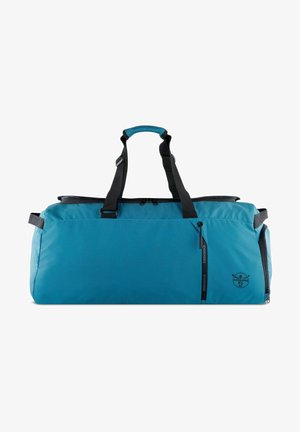 Teal duffel bag with a textured surface, black accents, dual top handles, and a zippered side pocket. Features a logo on the side.