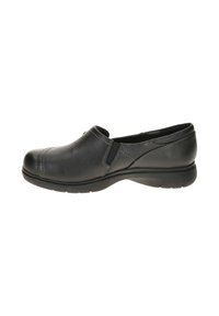 Schwarzer Slipper aus strukturiertem Leder, mit elastischen Seitenpaneelen, verstärkter Zehenkappe und einer flexiblen Gummisohle für Komfort.