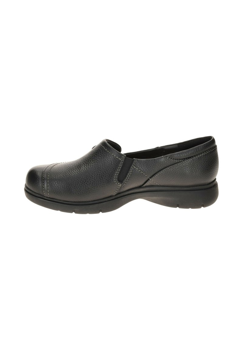 Schwarzer Slipper aus strukturiertem Leder, mit elastischen Seitenpaneelen, verstärkter Zehenkappe und einer flexiblen Gummisohle für Komfort.