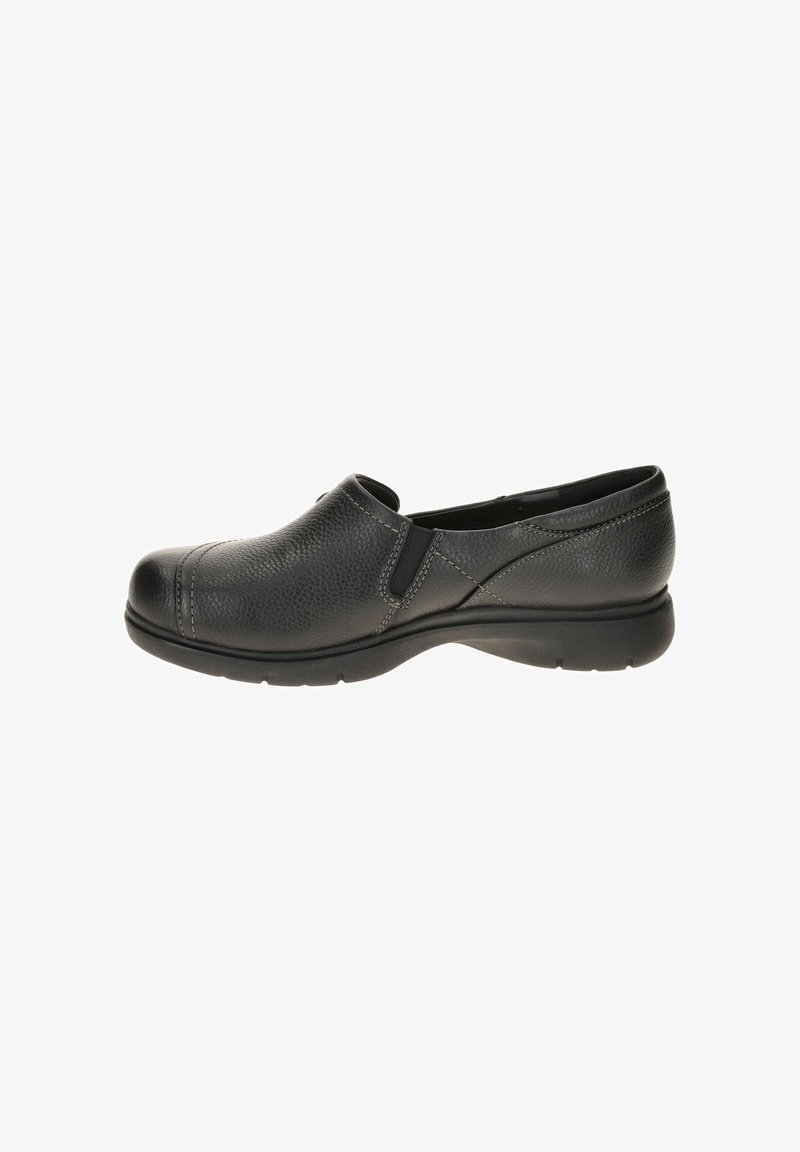 Schwarzer Slipper aus strukturiertem Leder, mit elastischen Seitenpaneelen, verstärkter Zehenkappe und einer flexiblen Gummisohle für Komfort.