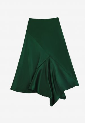 Fustă verde din satin, cu un tiv asimetric și design cu cusături diagonale. Textură netedă, cu o siluetă fluidă.