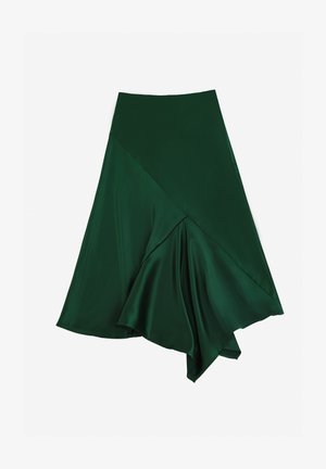 Gonna verde in satin, con orlo asimmetrico e design con cucitura diagonale. Texture liscia con silhouette fluida.