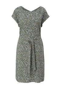 Robe verte à motif floral avec manches courtes, encolure en V et taille nouée. Fabriquée en tissu doux, présentant une coupe ample et une texture à motifs.