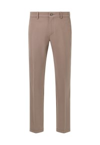 B�éžové chino nohavice so slim fit strihom, s predným zapínaním na gombík, bočnými vreckami a hladkou textúrou látky. Bez viditeľných vzorov.