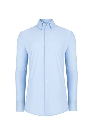 Jasnoniebieska koszula z długim rękawem, zapinana na guziki, zaprojektowana z kołnierzykiem typu spread i gładką teksturą materiału.