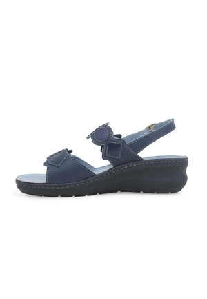 Sandali a zeppa blu navy con cinturini in pelle. Dotati di fibbie regolabili e dettagli testurizzati. Design a punta chiusa con soletta ammortizzata.