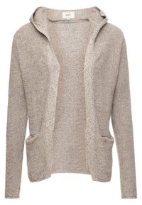 Lichtbeige gebreide cardigan met een capuchon, open voorkant en twee voorzakken. Textuurstof met een ontspannen pasvorm. Geen knopen of sluitingen.