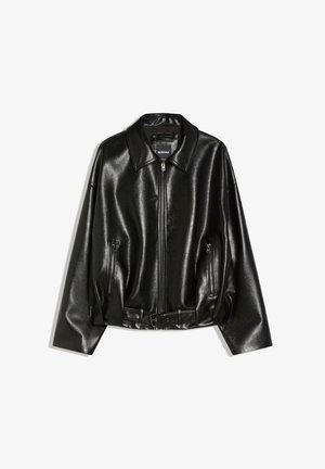 Black faux leather zip-up jacket with collar, front zip pockets, and belted waist detail from Bershka.