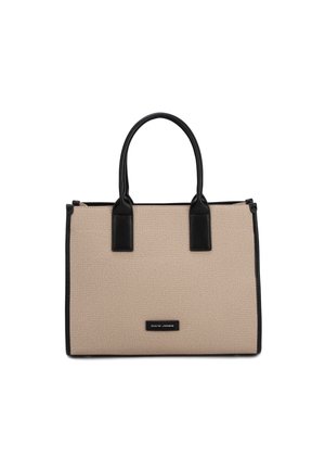 Borsa rettangolare beige con manici e bordi neri, tessuto strutturato e una piccola etichetta frontale con il nome del marchio.