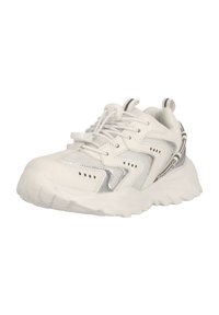 Weiße Sportlichkeit Sneaker mit Obermaterial aus strukturiertem Mesh, silbernen Akzenten und einer stabilen Sohle. Mit Schnürverschluss und dekorativen Metallteilen.
