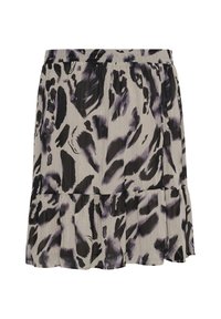 Jupe plissée de couleur beige clair avec un imprimé abstrait violet et noir. Présente un ourlet à volants et une taille élastique pour un meilleur ajustement.