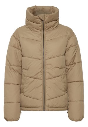 Giacca puffer beige con colletto alto, design a rete orizzontale, zip anteriore e polsini elasticizzati per una vestibilità aderente.