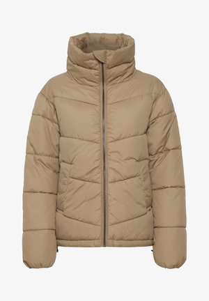 Bežna puhovka z visokim ovratnikom, horizontalnim prešitjem, sprednjim zadrgo in elastičnimi manšeti za tesno prileganje.