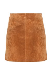 Ruskeasta mokkanahasta valmistettu minihame, jossa on sileä pinta, suora leikkaus ja kaksi etutaskua. Yksinkertainen malli ilman kuvioita tai koristeita.