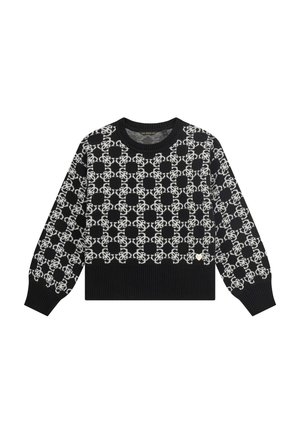 Maglione nero con un design grafico bianco a motivo, polsini e orlo a coste, e scollatura a girocollo. Lunghezza cropped con maniche lunghe.