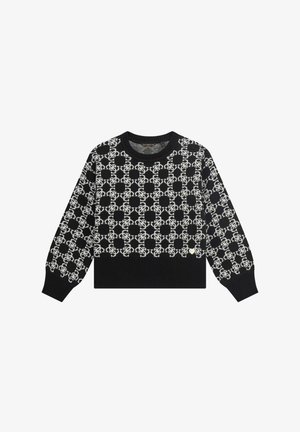 Maglione nero con un design grafico bianco a motivo, polsini e orlo a coste, e scollatura a girocollo. Lunghezza cropped con maniche lunghe.