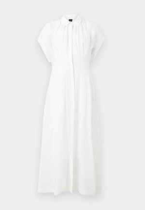 White short-sleeve midi dress with a collared neckline, front pleats, and concealed button closure, displayed on a plain background.