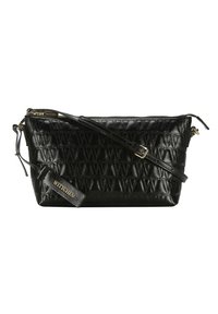 Borsa a tracolla in pelle nera con un motivo in rilievo e accessori in oro. Presenta una chiusura a zip e una tracolla regolabile.