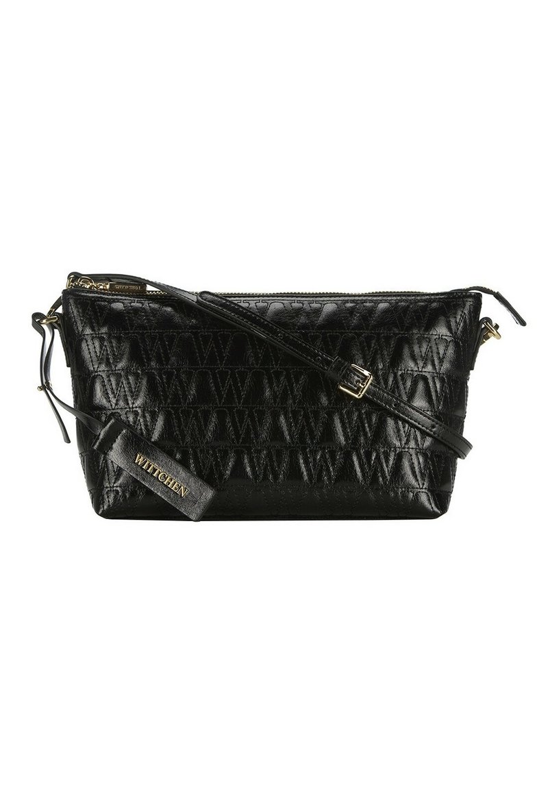 Borsa a tracolla in pelle nera con un motivo in rilievo e accessori in oro. Presenta una chiusura a zip e una tracolla regolabile.