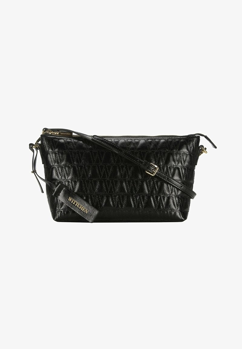 Czarna skórzana torebka na ramię z tłoczonym wzorem i złotymi akcentami. Posiada zamek błyskawiczny oraz regulowany pasek.