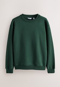 Zelena majica s kapuljačom napravljena od mekog materijala. Sadrži rebrasti okrugli izrez, opušteni kroj i duge rukave s rebrastim manžetama i donjim rubom.