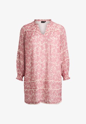 Túnica con estampado floral en rosa claro con patrones en rosa más oscuro, con escote en V y mangas fruncidas, hecha de tela ligera.