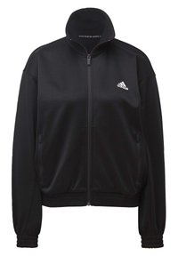 Black zip-up jacket with high collar, made of smooth fabric. Features two side pockets and ribbed cuffs. Contains a small white logo.