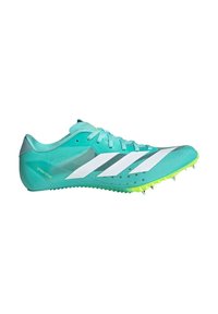 Turquoise athletic shoe with white stripes, sleek design, mesh upper, textured surface, and yellow-green outsole with spikes for grip.