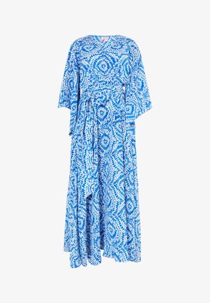 Langes blaues Kleid mit einer Bindegürtel, V-Ausschnitt und weiten Ärmeln. Der Stoff zeigt ein wirbelndes blaues und weißes Muster.