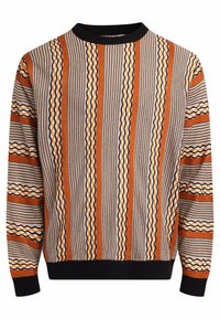 Knitted pullover sweater with orange, brown, and cream vertical stripes. Features textured patterns and black ribbed cuffs and collar.