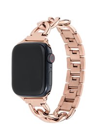 Smartwatch con schermo nero e corona, dotato di un cinturino in metallo rosa dorato con design a catena e chiusura.