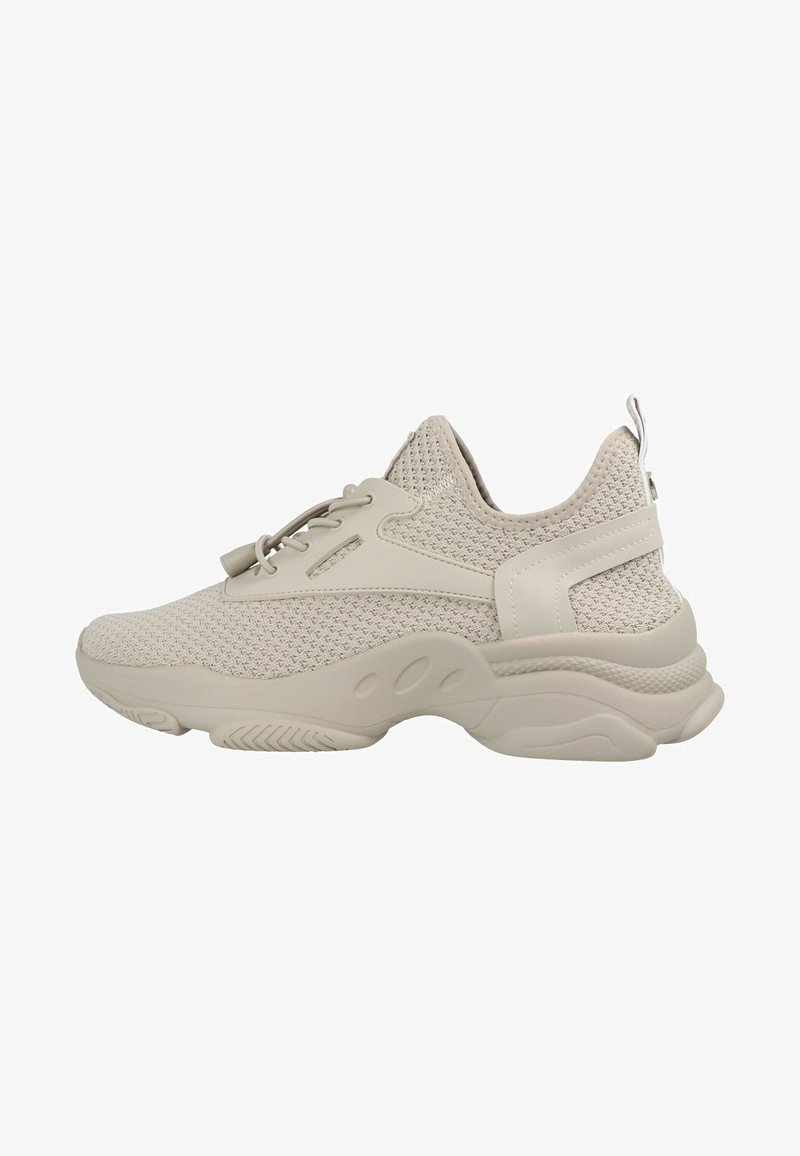 Light beige athletic shoe featuring a breathable mesh upper, textured overlays, lace-up design, and cushioned sole with rubber traction.