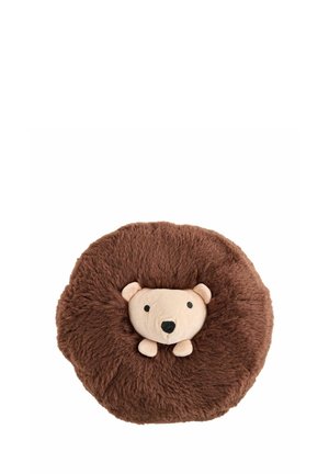 Round brown plush cushion with a soft bear face and small ears in the center, designed as a cozy and cute pillow.
