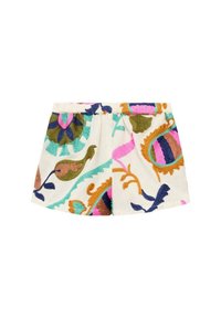 Broderade shorts med vit botten och färgglada blommönster och paisleymönster i rosa, blått, grönt och brunt. Elastisk midja.
